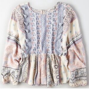 American Eagle boho pink and Blue babydoll Peplum Blouse